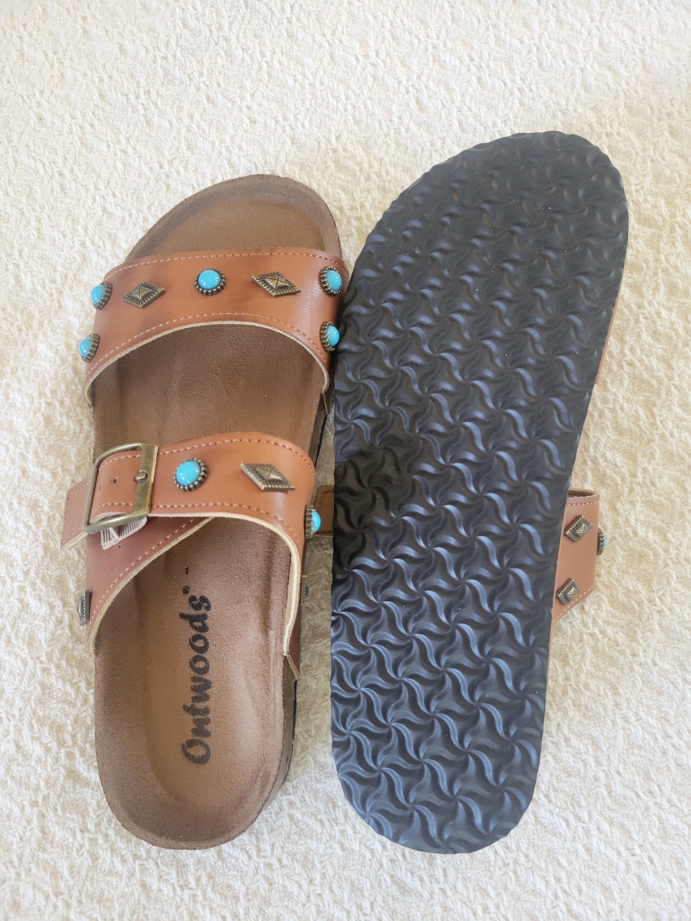 Outwoods BORK 105 Brown Slide Sandals with Turquoise Studs - Picture 3 of 7
